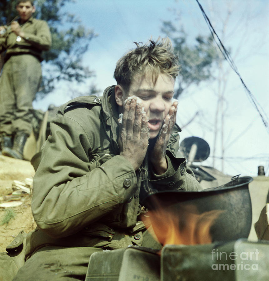 U. S. Soldier Cleaning His Face Photograph by Bettmann
