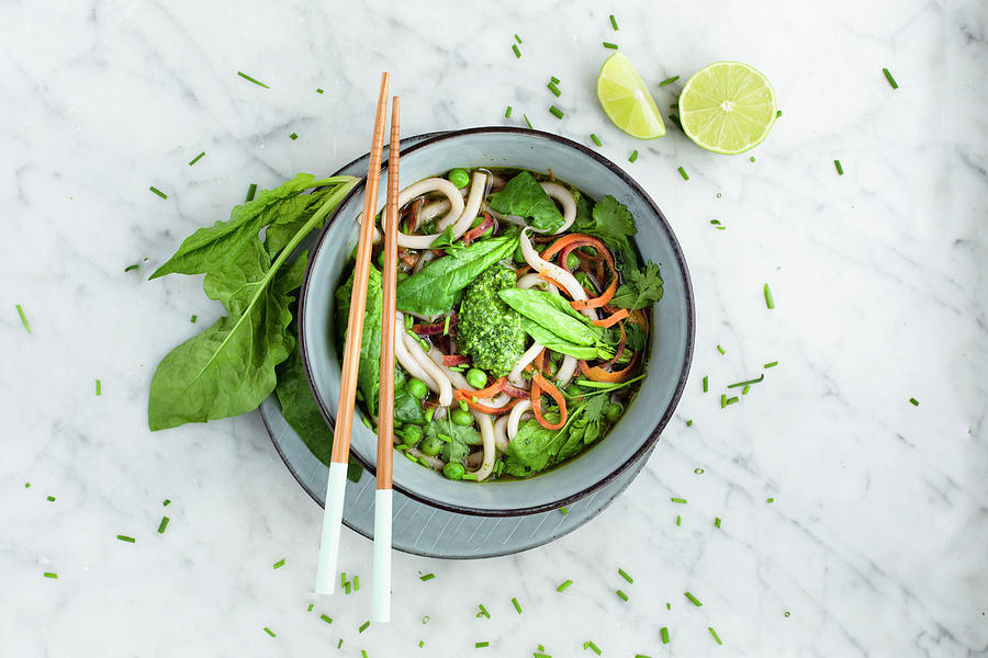 Udon Noodle Bowl With Wild Garlic Pesto, Spinach And Peas asia Photograph by Tina Engel
