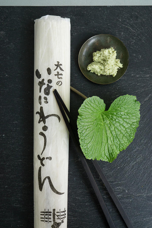 Udon Noodles, A Wasabi Leaf And Grated Wasabi Photograph by Martina Schindler