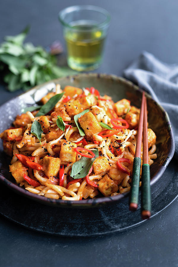 Udon Noodles With Crispy Tofu Cubes, Chili And Thai Basil asia Photograph by Lucy Parissi