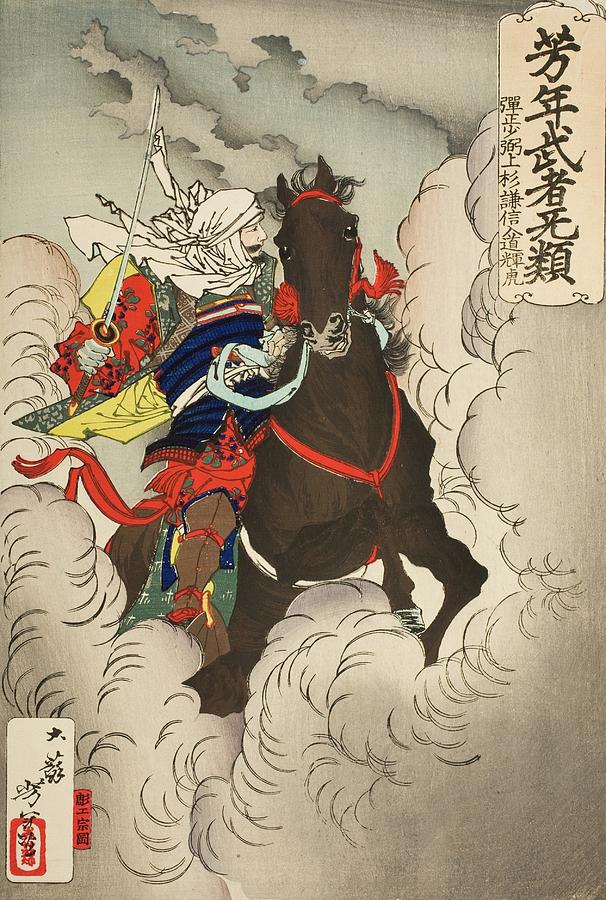 Uesugi Kenshin Nyudo Terutora Riding Into Battle Painting by Tsukioka ...