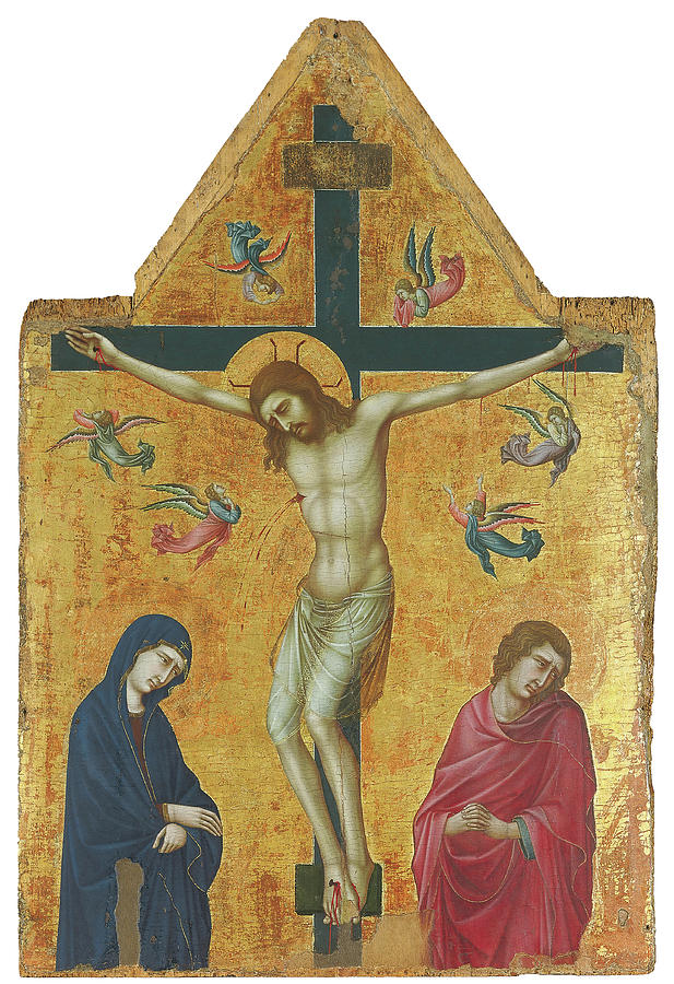 Ugolino di Nerio -Active in Siena, 1317-Siena -?-, 1339 or 1349 -?--. The Crucifixion with the Vi... Painting by Ugolino di Nerio -c 1280-1349-