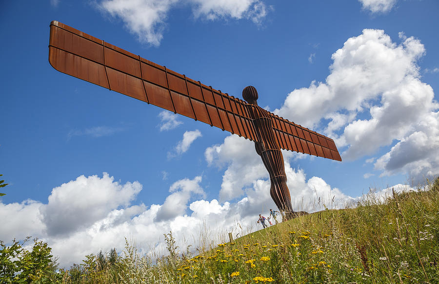 Uk, England, Tyne And Wear, Great Britain, British Isles, Gateshead, Happy Family Strolls By The Gigantic angel Of The North Sculpture By Antony Gormley On A Summers Day Digital Art by Simon Toffanello