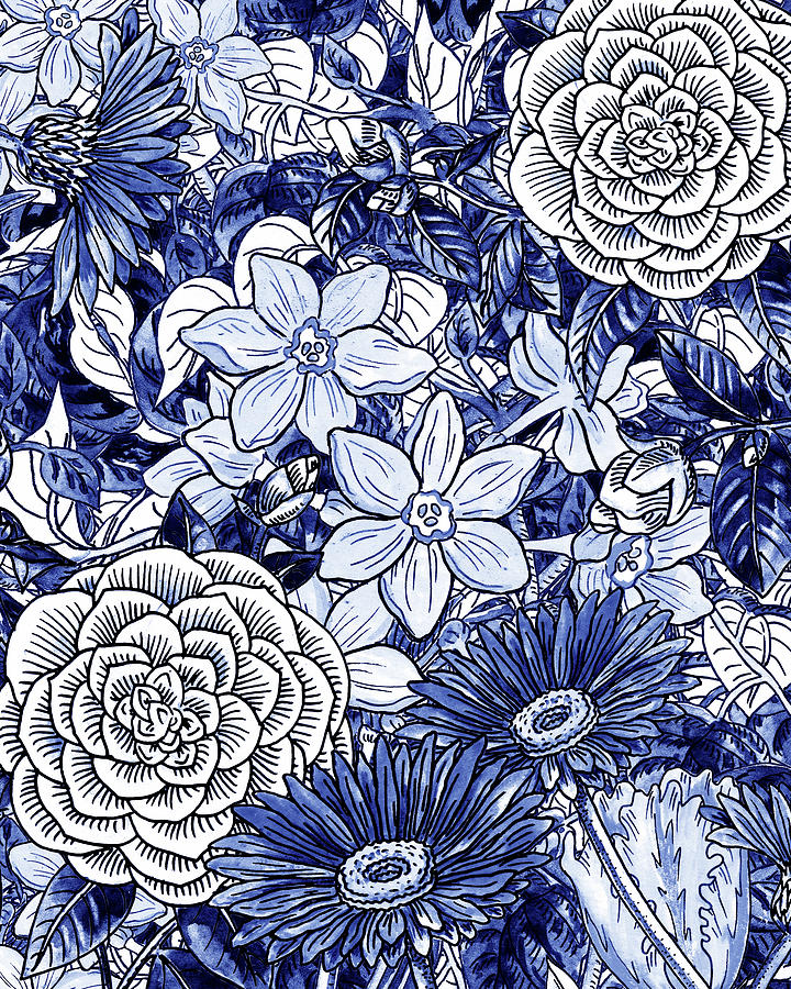 Ultramarine Blue Watercolor Botanical Flowers Garden Pattern I Painting by Irina Sztukowski