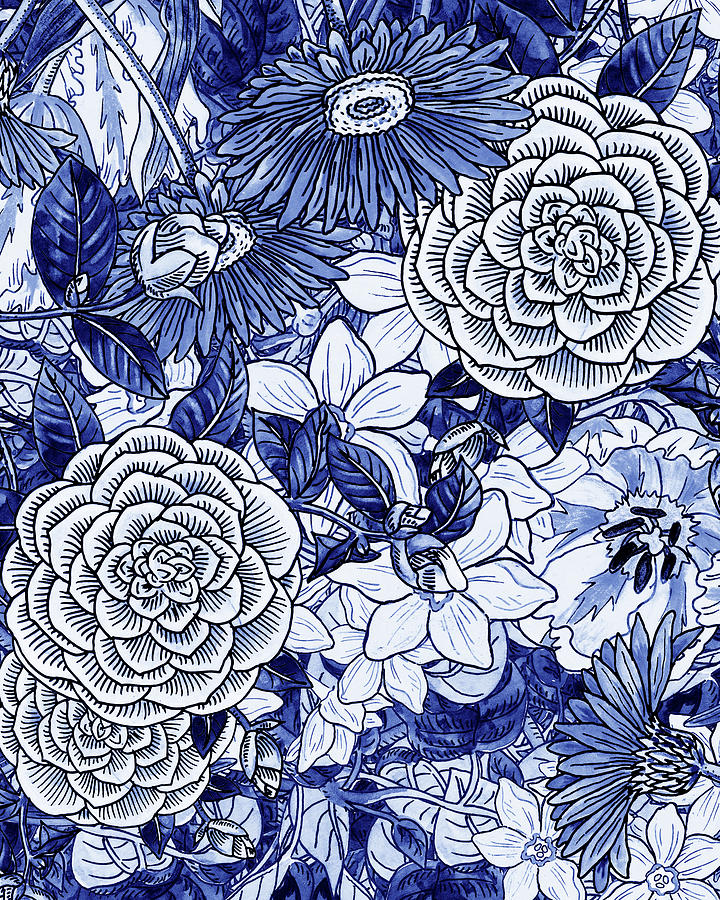 Ultramarine Blue Watercolor Botanical Flowers Garden Pattern II Painting