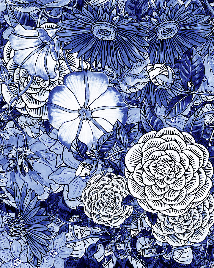 Ultramarine Blue Watercolor Botanical Flowers Garden Pattern III Painting by Irina Sztukowski