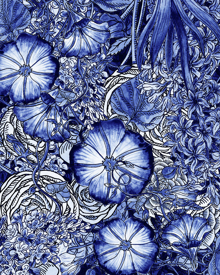 Ultramarine Blue Watercolor Botanical Flowers Garden Pattern VI Painting by Irina Sztukowski