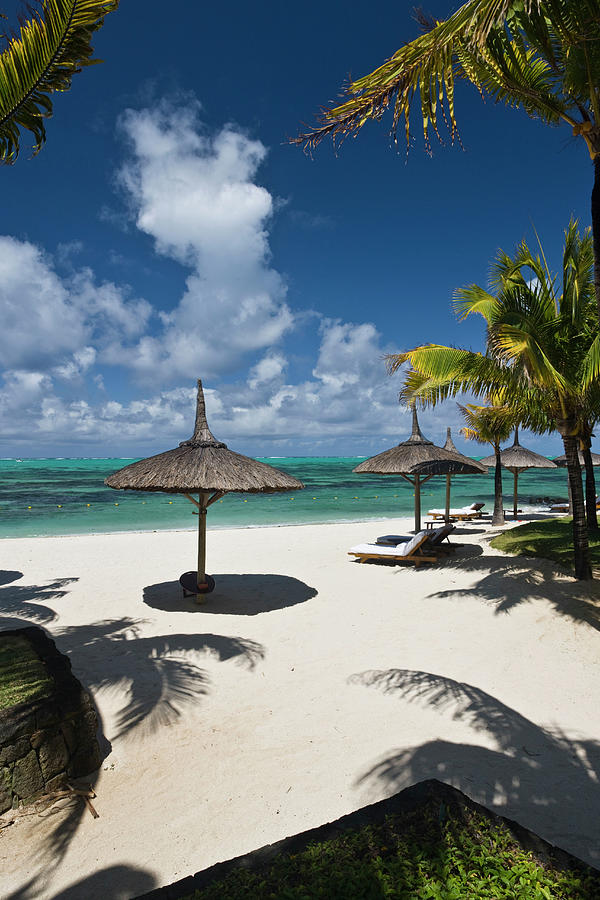 Image Digital Art - Umbrellas On Beach, Mauritius by Walter Bibikow