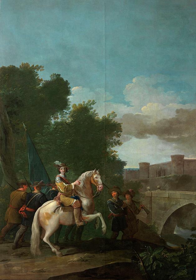 Un oficial a caballo y cuatro soldados a pie, 1776-1778, Spanish S... Painting by Antonio Gonzalez Velazquez -1723-1794-