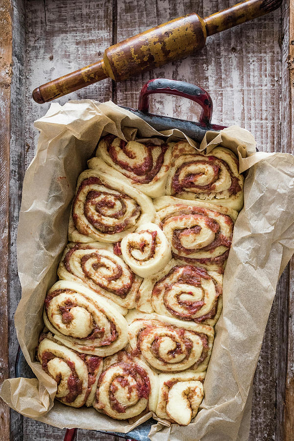 Unbaked Cinnamon Buns With A Rhubarb Filling In An Old Baking Tin Photograph by M. Nlke