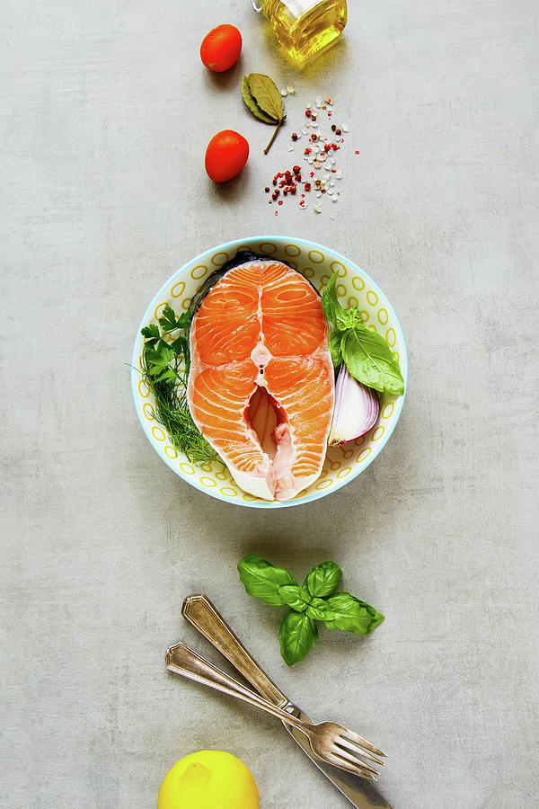 Uncooked Salmon Steak And Ingredients For Cooking Photograph by Yuliya Gontar