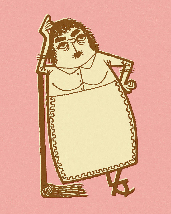 Vintage Drawing - Unhappy Woman Leaning on Mop by CSA Images