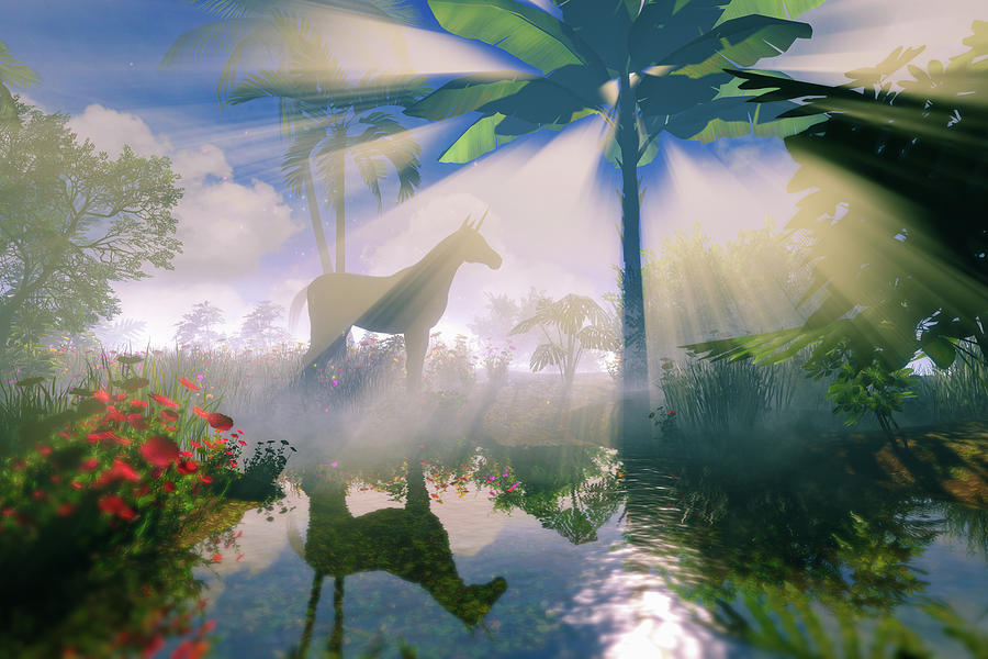 Unicorn Reflection in magical tropical Paradise Digital Art by Matthias Hauser