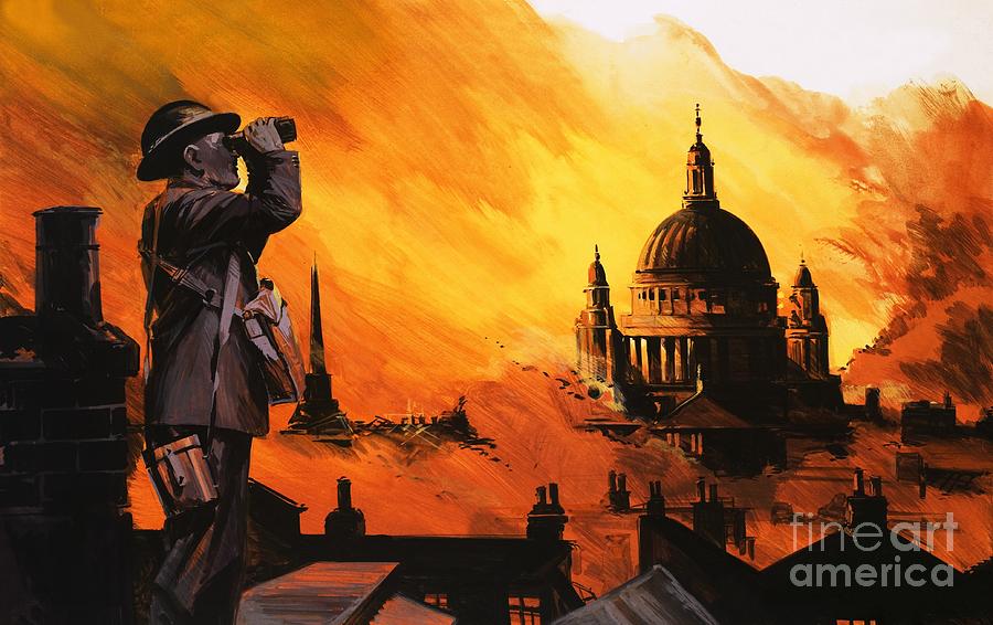 Unidentified Fiery Blitz Scene With Arp Warden In Foreground And St Pauls In Background Painting by English School