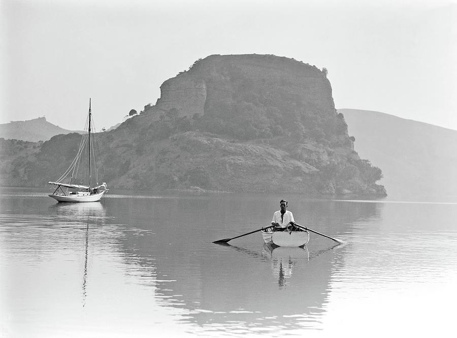 Unidentified man in dinghy, Whangaparoa Harbour, Northland, 1930 by Leo White Painting by Celestial Images