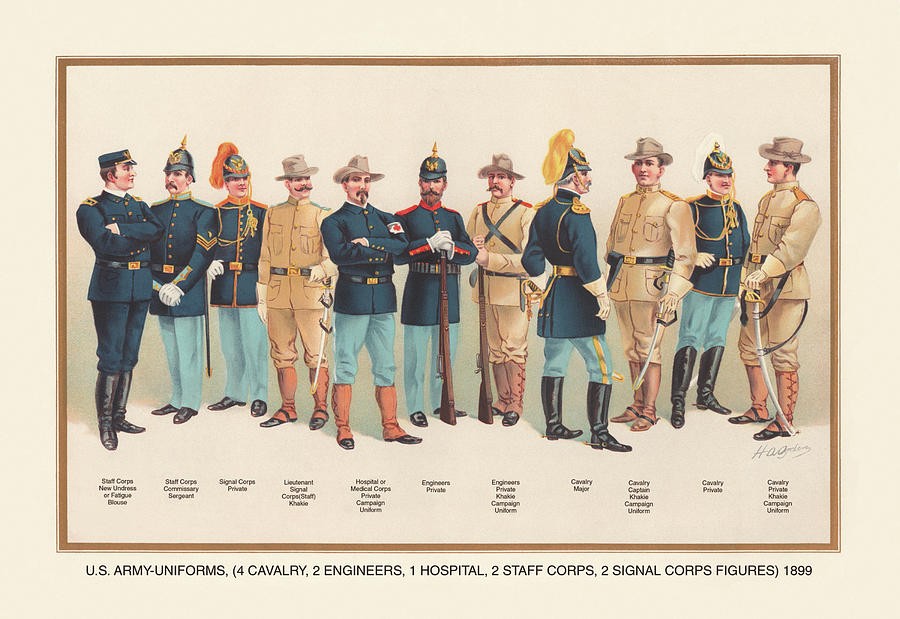 Uniforms (4 Cavalry, 2 Engineers, 1 Hospital, 2 Staff, 2 Signal Corps), 1899 Painting by Arthur Wagner
