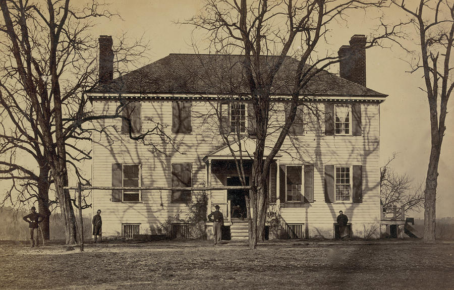 Union soldiers in front of a house Painting by 