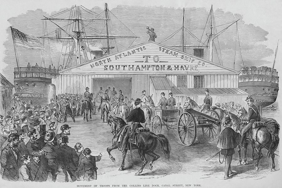 Union troops embark at Canal Street Dock for transportation to the South. Painting by Frank Leslie