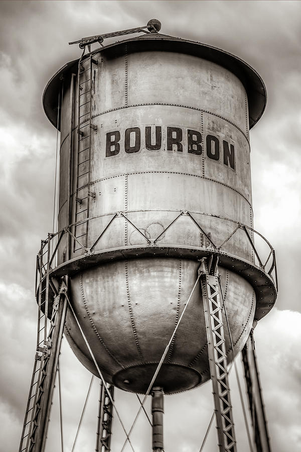 Unique Whiskey Bourbon Barrel Water Tower - Sepia Photograph by Gregory Ballos