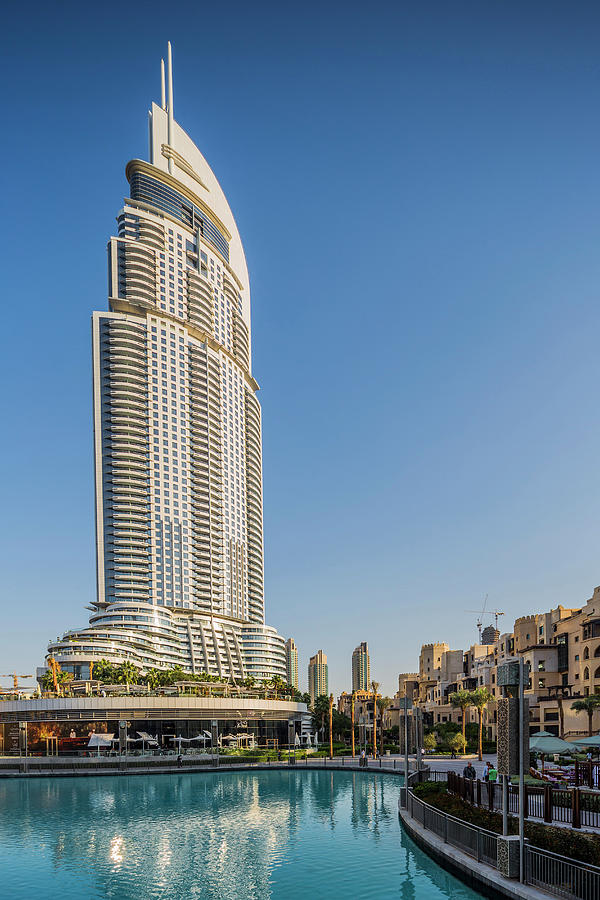United Arab Emirates, Dubai, Arabian Peninsula, Dubai City, Downtown Dubai, The Dubai Fountain Pool And The Address Downtown Dubai Digital Art by Massimo Borchi