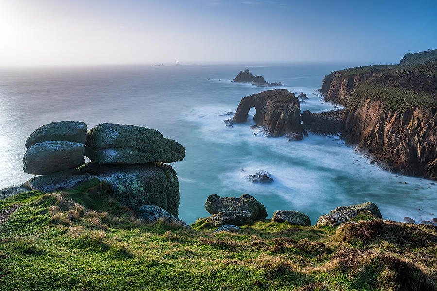 United Kingdom, England, Cornwall, Great Britain, Atlantic Ocean, British Isles, Penwith Peninsula, Enys Dodnan Arched Rock And The Armed Knight Rock In Distance Seen From Pordenack Point, Lands End Digital Art by Sebastian Wasek