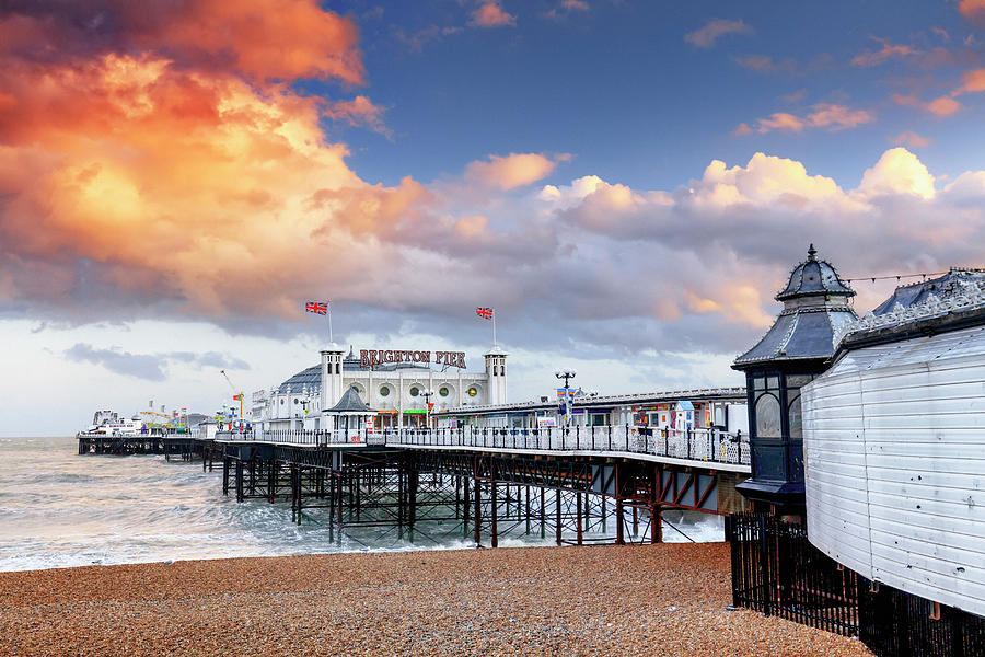 Beach Digital Art - United Kingdom, England, East Sussex, Great Britain, British Isles, Brighton, The Brighton Marine Palace And Pier, Commonly Known As Brighton Pier At Sunrise by Maurizio Rellini