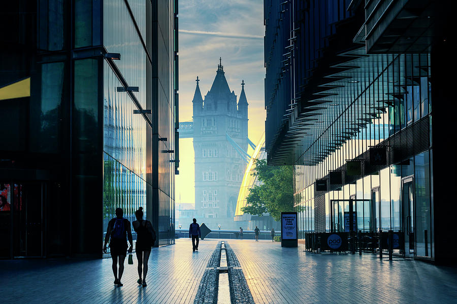 United Kingdom, England, London, Great Britain, City Of London, People Walking In The Early Morning With The Tower Bridge In The Background Digital Art by Maurizio Rellini