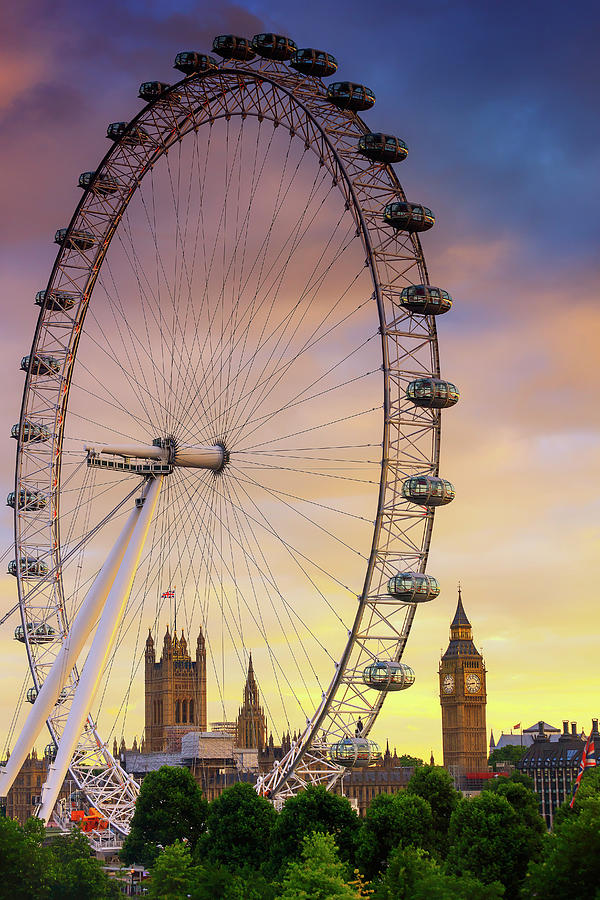 United Kingdom, England, London, Great Britain, City Of Westminster, Palace Of Westminster, Houses Of Parliament, Big Ben And Millennium Wheel At Sunset Digital Art by Maurizio Rellini