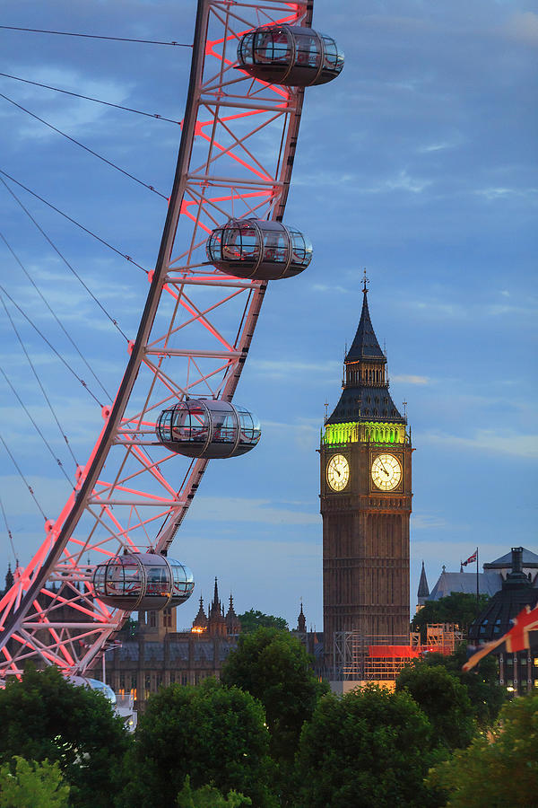 United Kingdom, England, London, Great Britain, City Of Westminster, Palace Of Westminster, Houses Of Parliament, Big Ben And Millennium Wheel By Night Digital Art by Maurizio Rellini