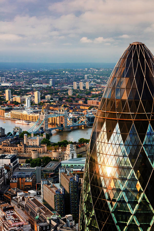 United Kingdom, England, London, Great Britain, Thames, City Of London, 30 St Mary Axe, The Gherkin, Aerial View Of Tower Bridge At Sunrise Digital Art by Maurizio Rellini