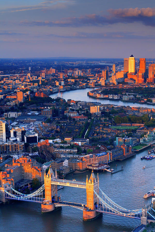 United Kingdom, England, London, Great Britain, Thames, City Of London, Tower Bridge, Aerial View Of The Tower Bridge And Canary Wharf At Sunset Digital Art by Maurizio Rellini