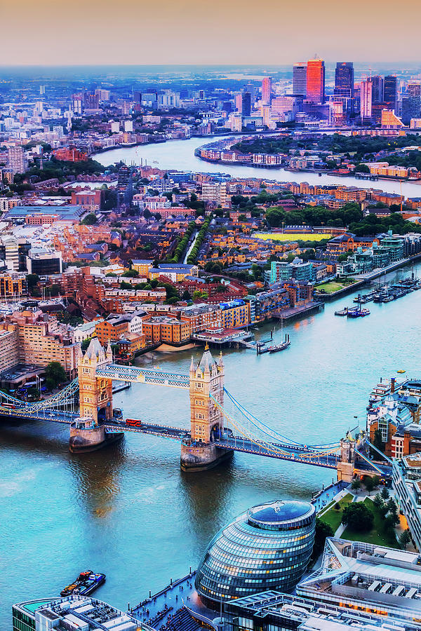 United Kingdom, England, London, Great Britain, Thames, City Of London, Tower Bridge, Tower Bridge And Canary Wharf Aerial View At Sunset Digital Art by Maurizio Rellini