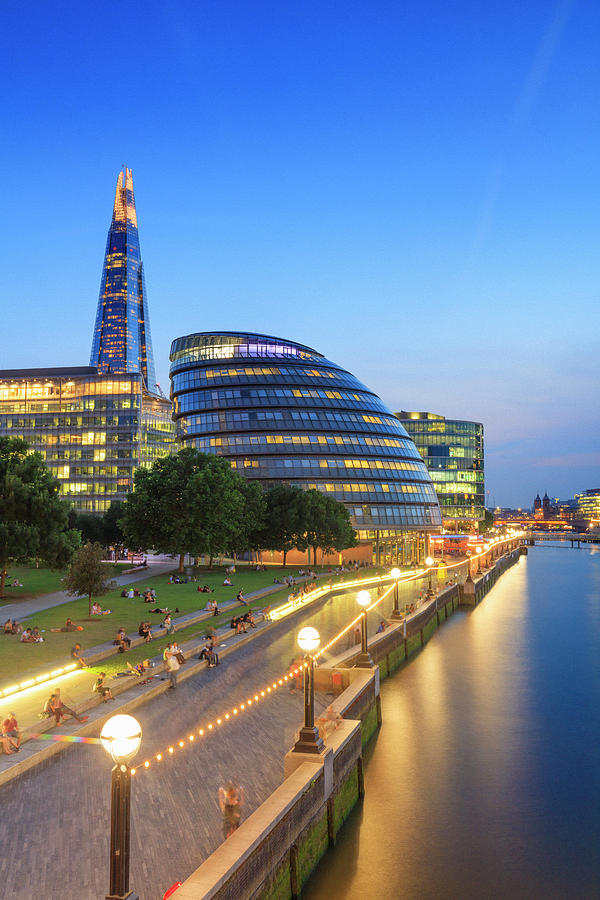 United Kingdom, England, London, Great Britain, Thames, London Borough Of Southwark, South Bank, The Shard And City Hall By Night Digital Art by Maurizio Rellini