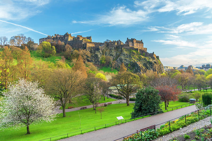 United Kingdom, Scotland, Edinburgh, Edinburgh Castle, Princes Street Gardens With Castle In The Background Digital Art by Sebastian Wasek