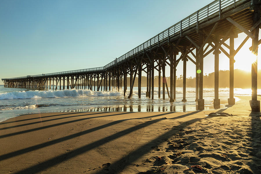 United States, California, San Simeon, Pacific Ocean, Pier At Sunset, William Randolph Hearst Memorial State Park Digital Art by Markus Lange