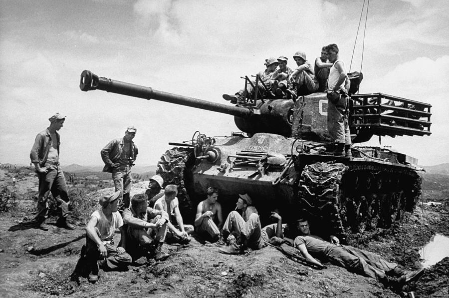 U.S. Marines Resting by Armored Tank Photograph - United States Marines by Michael Rougier