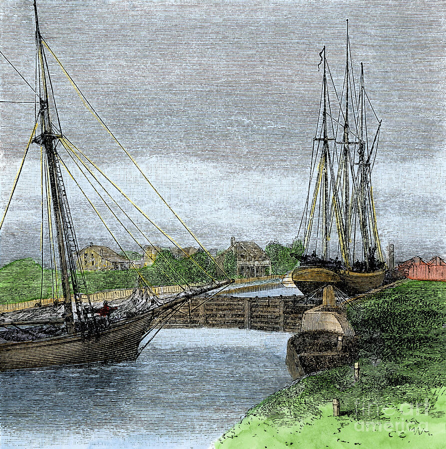 Boat Drawing - United States, Michigan Boats Entering The Sault Ste Marie Canal Connecting Upper Lake And Huron To The Us/canada Border, 1880 Years Colour Engraving Of The 19th Century by American School