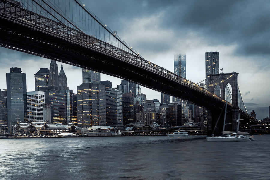 United States, New York City, Brooklyn, Brooklyn Bridge, East River, Brooklyn Bridge And Manhattan Skyline Digital Art by Antonino Bartuccio
