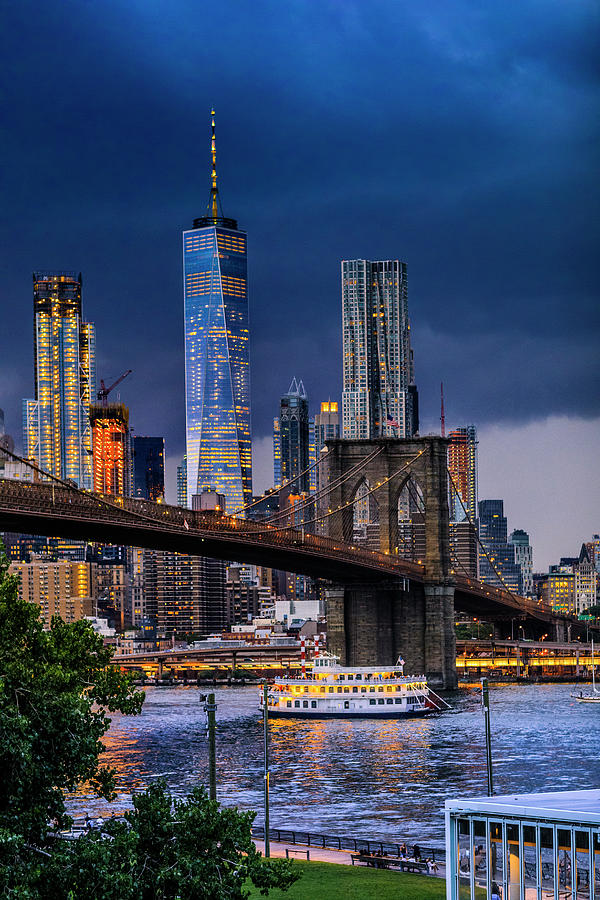 United States, New York City, Brooklyn, East River, Dumbo, Brooklyn Bridge, Brooklyn Bridge And Manhattan Skyline With Freedom Tower At Night Digital Art by Antonino Bartuccio