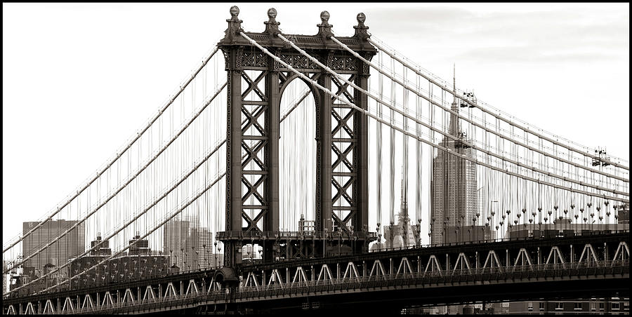 United States, New York City, Manhattan, Lower Manhattan, Manhattan Bridge, Manhattan Bridge And Empire State Buiding Digital Art by Massimo Ripani
