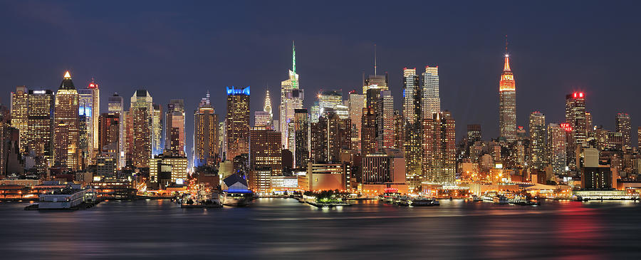 United States, New York City, Manhattan, Midtown, Empire State Building, Midtown Skyline At Night, View From New Jersey Digital Art by Riccardo Spila
