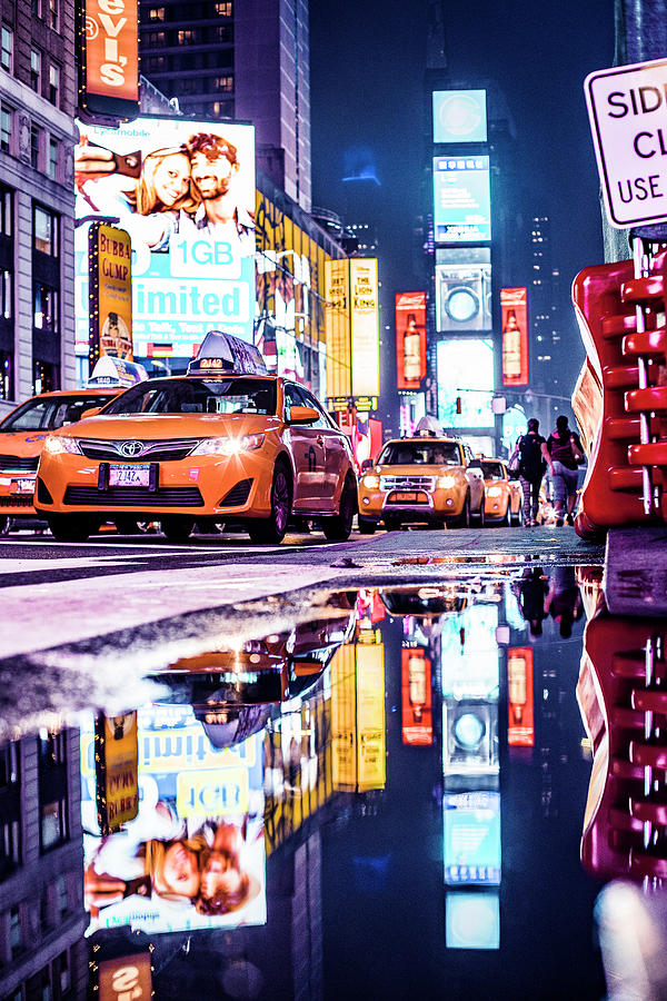 United States, New York City, Manhattan, Midtown, Times Square, Taxi Reflection At Night Digital Art by Antonino Bartuccio