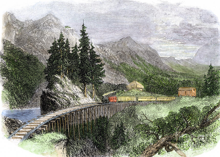 Mountain Drawing - United States, Oregon State Railway Bridge Over Shafts At Cascade Mountains, Oregon, 1866 Colour Engraving Of The 19th Century by American School