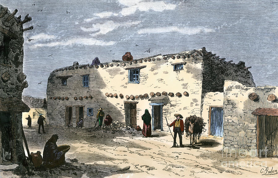 United States, State Of New Mexico One Of The Oldest Houses In America A Santa Fe Street In The Years 1800 Colour Engraving Of The 19th Century Drawing by American School United States, State Of New Mexico One Of The Oldest Houses In America A Santa Fe Street In The Years 1800 Colour Engraving Of The 19th Century Drawing by American School