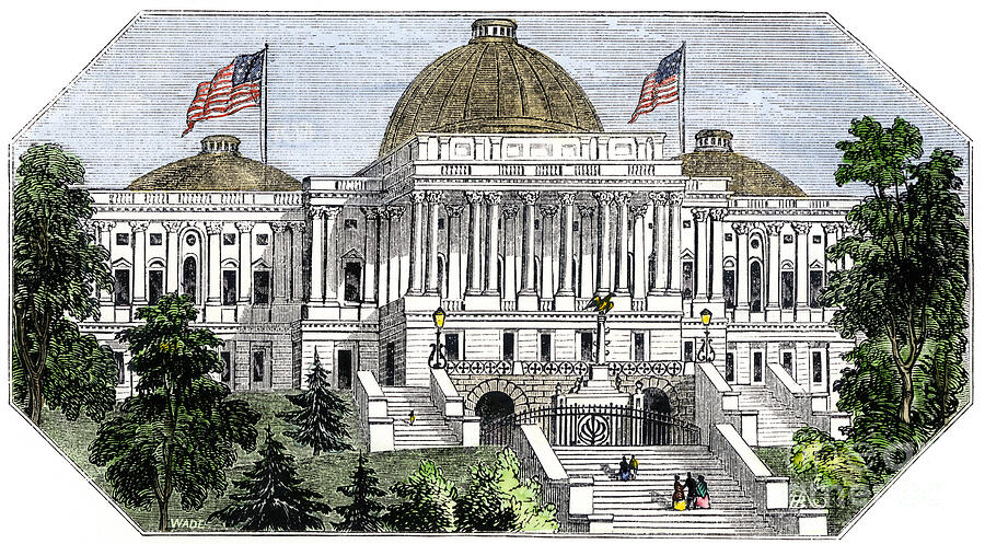 Vintage Drawing - United States, Washington, Dc The Capitol With The Unfinished Dome, 1850 Colour Engraving Of The 19th Century by American School