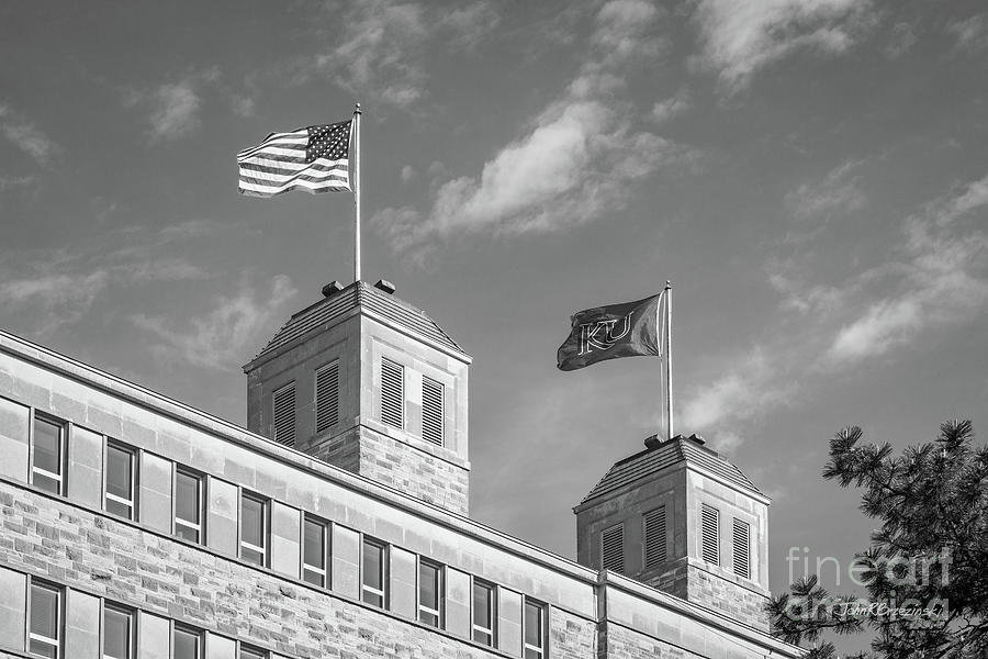 University of Kansas Fraiser Hall Flag Towers Photograph by University Icons