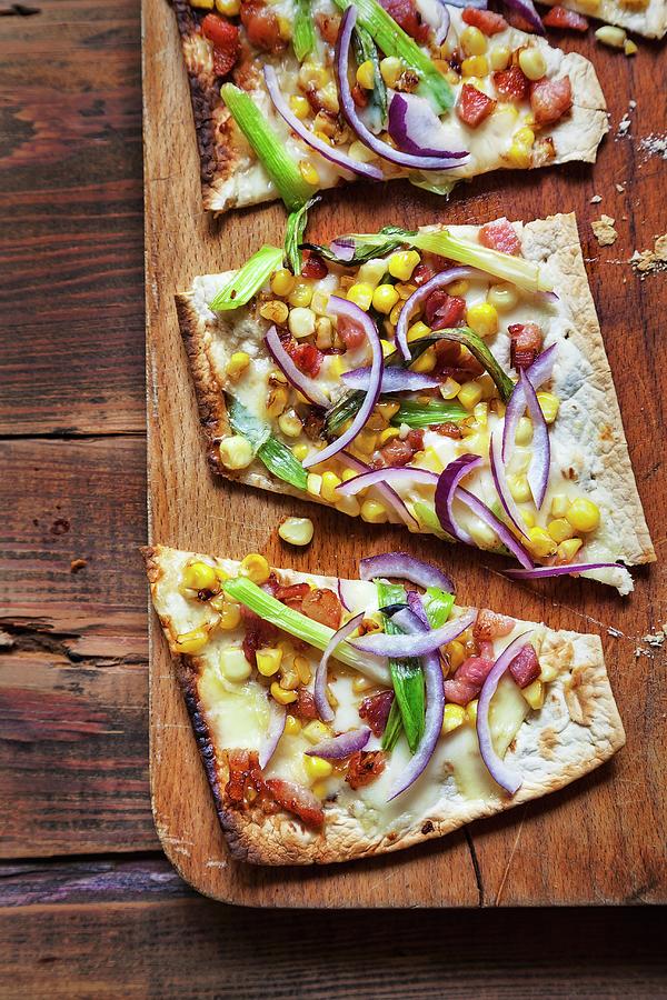 Unleavened Bread With Red Onions, Spring Onions, Sweetcorn, Bacon And Fontina Cheese Photograph by George Crudo