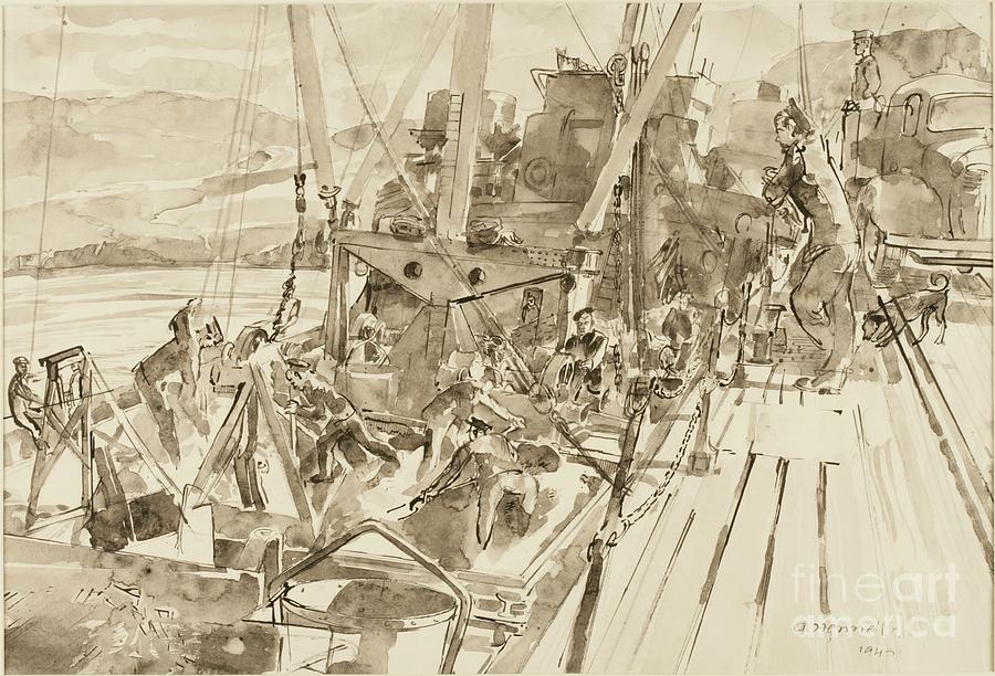 Harbour Drawing - Unloading Coal, Hvitanes by Thomas Barclay Hennell