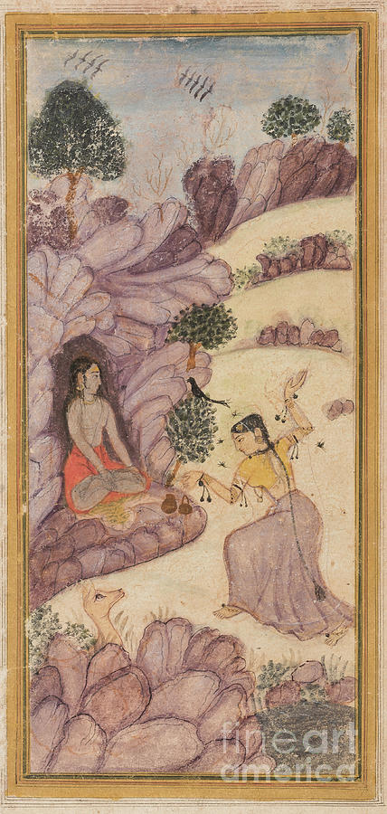 Unyielding To Temptation: The Sage Shuka Remains Unmoved As Rambha Dances, C. 1600 Painting by Indian School