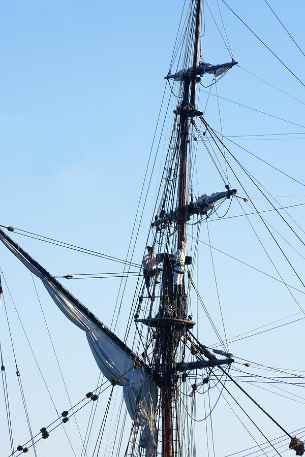 Up in the Rigging -- Crewmembers on the Lady Washington in Morro Bay, California Photograph by Darin Volpe